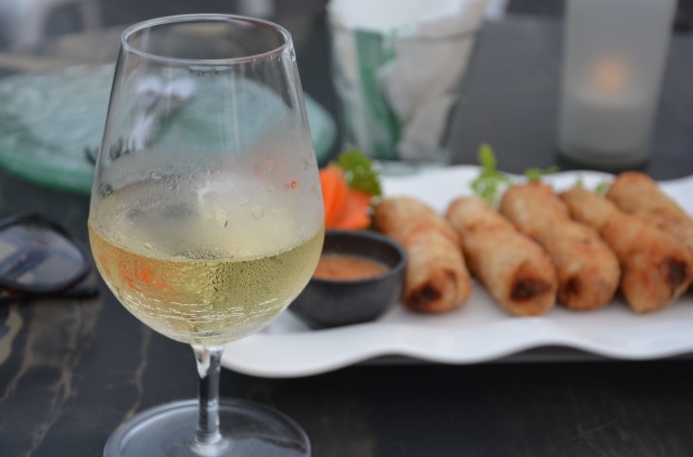 Chin rolls and a glass of wine at the Indochine Restaurant, Supertrees.