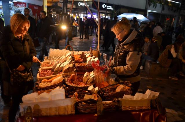 Street snacks at Pandroussou market, Athens.