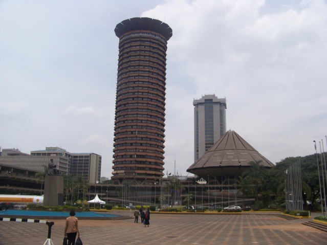 Kenyatta International Conference Centre in Nairobi, to the left is a statue of the late founding father, Jomo Kenyatta.