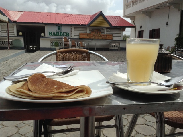 A breakfast of pancake and lemonade at Hotel Makka al-Mukarama