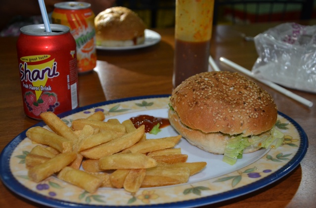 Fries, burgers and shani drink at a fast-food joint in Mogadishu